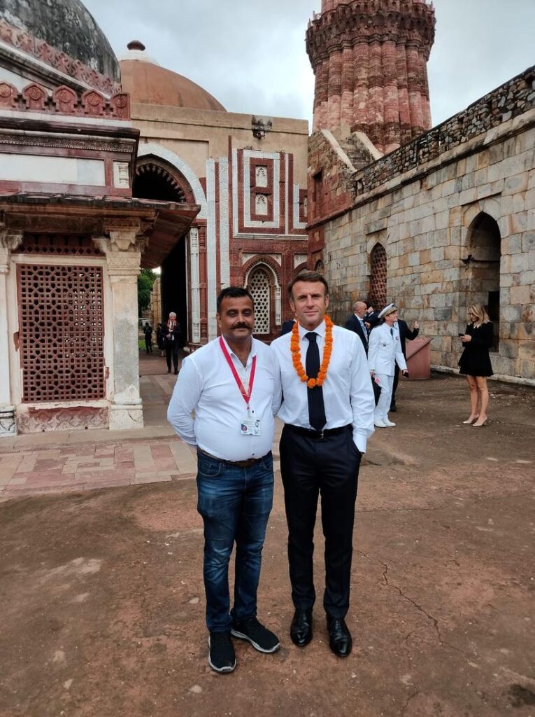 Qutub Minar Tour Guide Pravin Pandey with French President Macron G20 Summit Delhi 2023