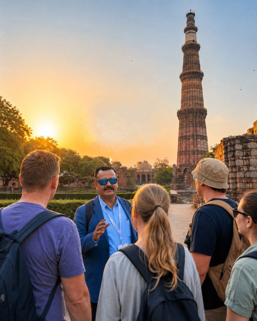 Government-approved heritage tour guide explaining Qutub Minar during a sunrise tour in Delhi