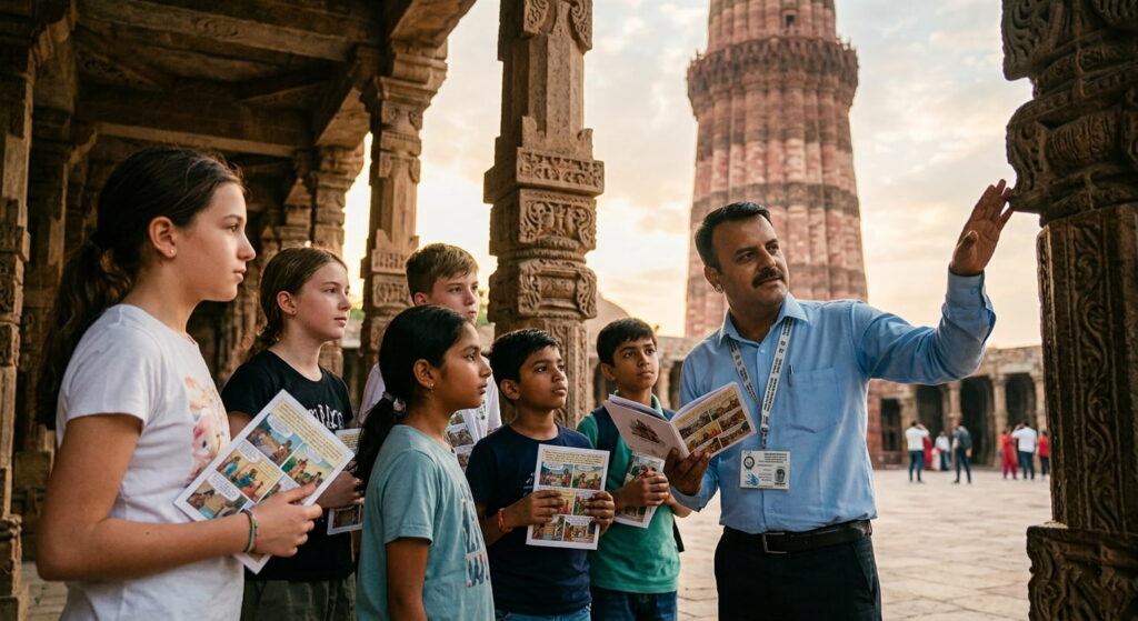 school kids learning about architect at qutub minar