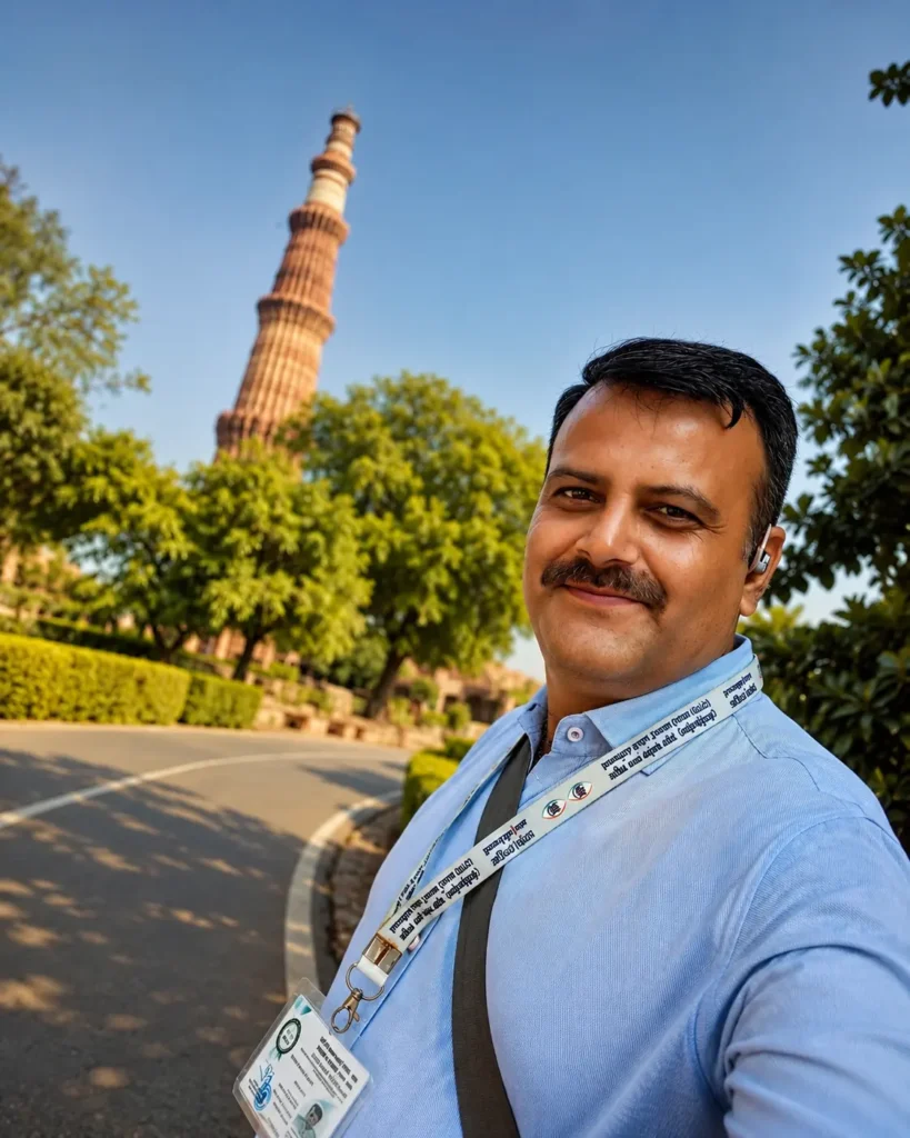 Licensed tourist guide Pravin at Qutub Minar UNESCO World Heritage Site in New Delhi.