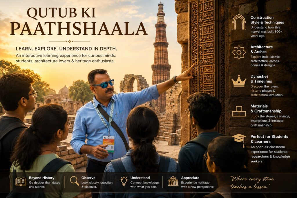 Government-approved Heritage Tour Guide conducting the Qutub Ki Paathshala educational experience at Qutub Minar, a UNESCO World Heritage Site in Delhi.
