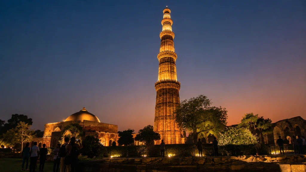Qutub Minar illuminated at twilight during the Shaam-e-Qutub guided heritage walk