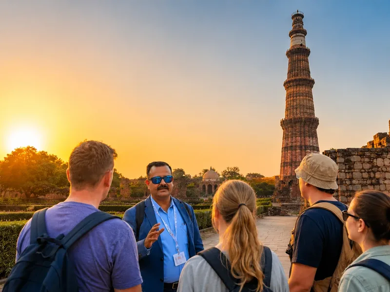 Private sunrise tour of Qutub Minar with licensed heritage guide, golden hour light on Delhi Sultanate architecture